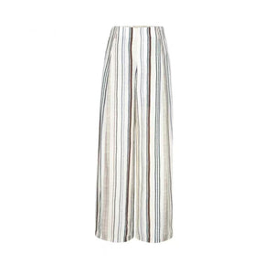 Cream striped wide leg viscose pants with vertical navy and brown stripes front view