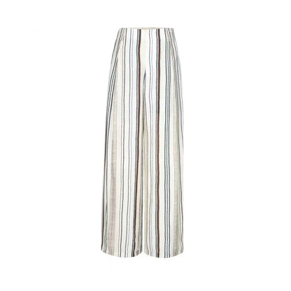 Cream striped wide leg viscose pants with vertical navy and brown stripes front view