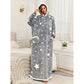 Hood up view of the grey star print fleece lounge robe with cream sherpa trim at the face