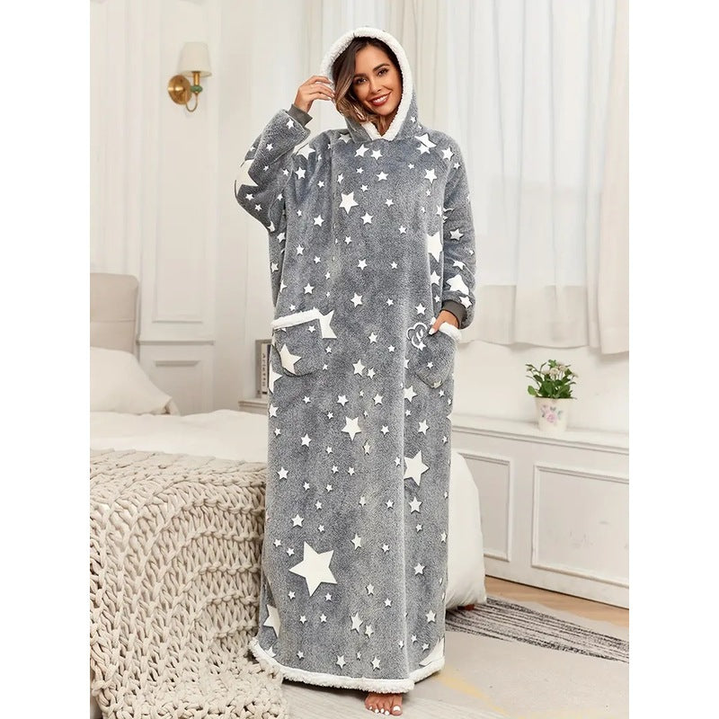 Hood up view of the grey star print fleece lounge robe with cream sherpa trim at the face