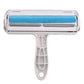 Red reusable pet hair remover roller shown from the side with slim handle