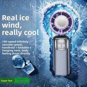 Portable neck fan with an LED speed display shown against a frosted background
