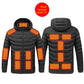 Black heated jacket with the padded hood up and the neck heating zone marked