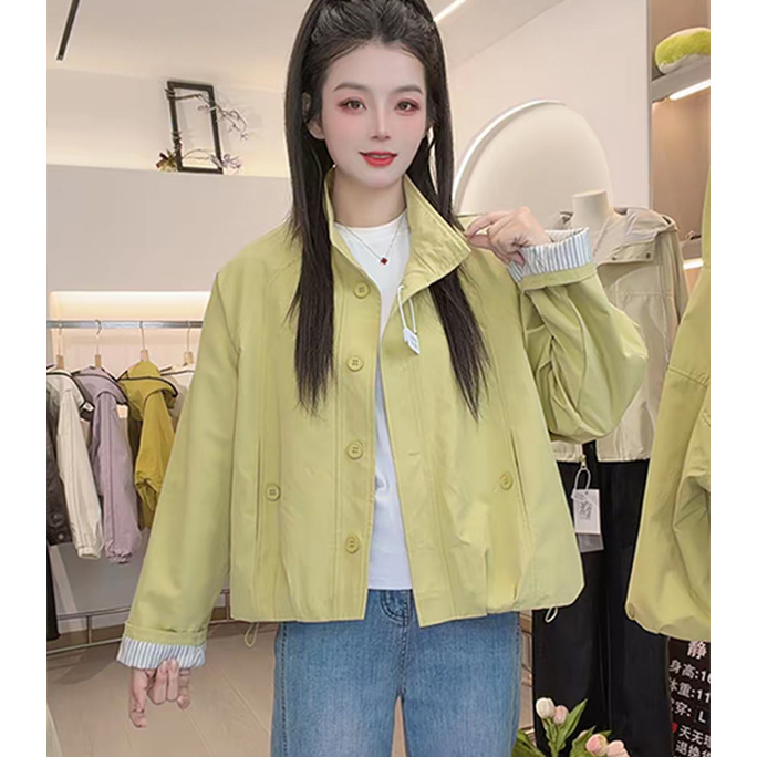 Womens casual button front short jacket in khaki, drop shoulder detail