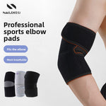 Black adjustable elbow wrap with orange piping worn on an arm with a mesh panel