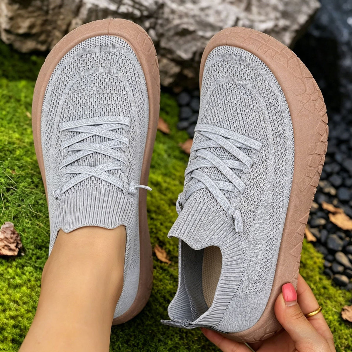 Top view of gray knit mesh slip-on sneakers with ribbed collars and rose tan crackle soles, option Gray size 36