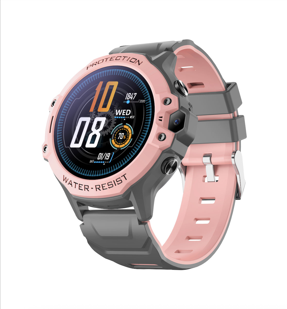 Pink kids smart watch option photo with a digital watch face and a grey and pink wristband