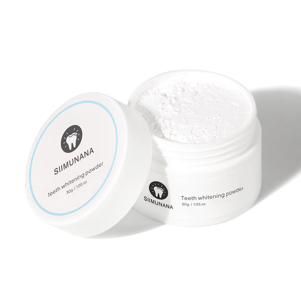 Open white SIIMUNANA teeth whitening powder tub showing fine white powder inside beside its lid, the White option