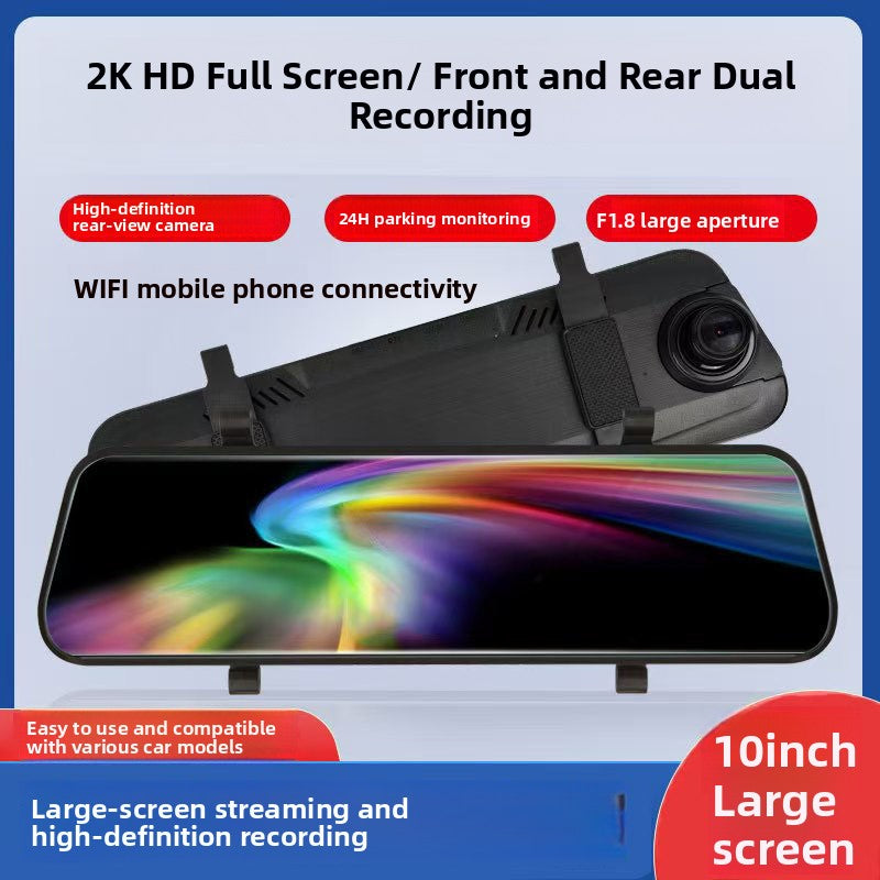 Full screen mirror dash cam on a 2K panel with front and rear recording, option image for 10in Touch 2K WiFi