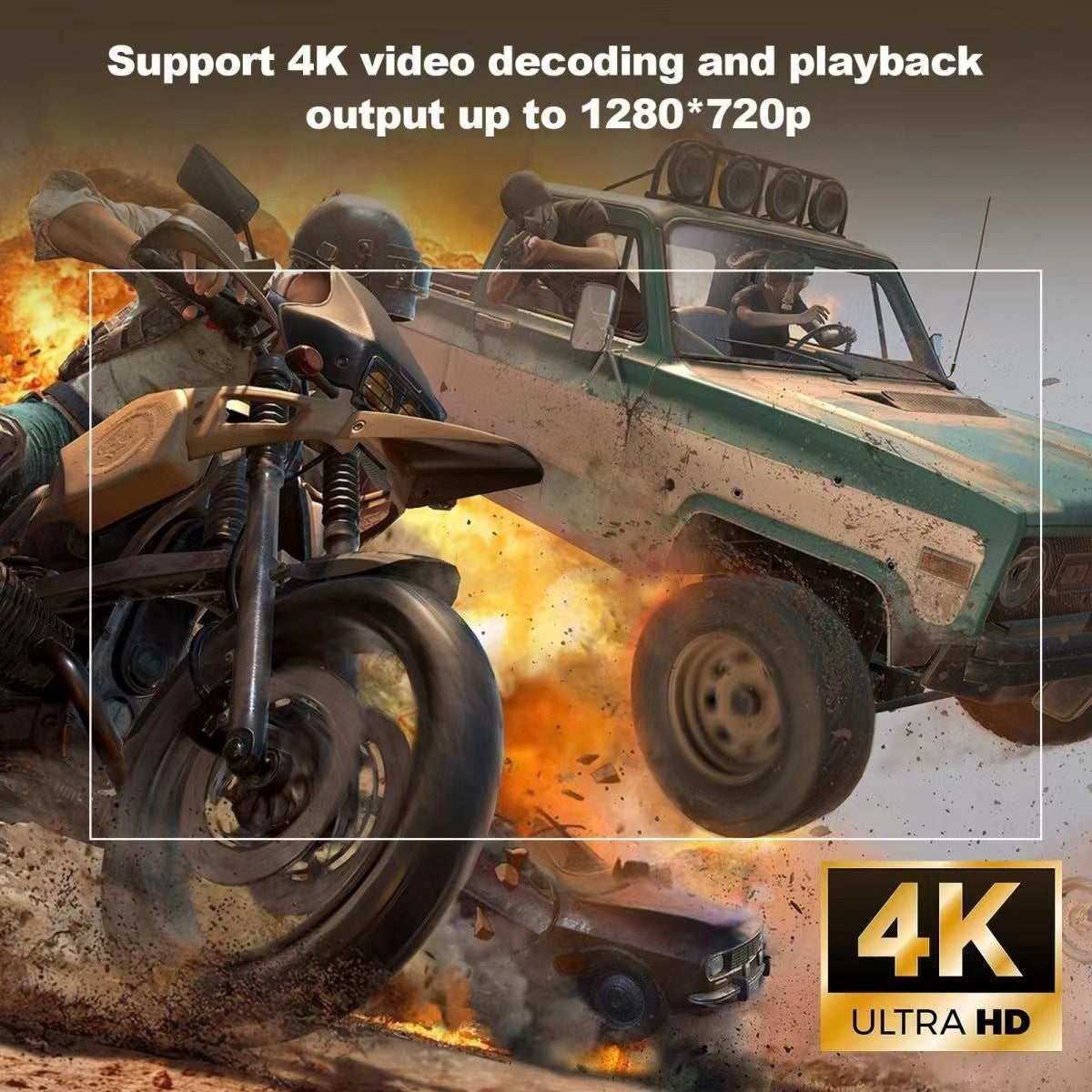 Action scene on a projected screen with a frame, caption about 4K video decoding and playback output up to 1280 by 720