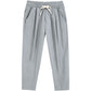 Mens wide leg cotton linen casual pants, relaxed straight cut to an ankle length hem, on model