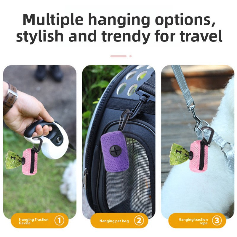 Pet waste bag dispenser pouch, mesh pouch dispensing a waste bag from the top