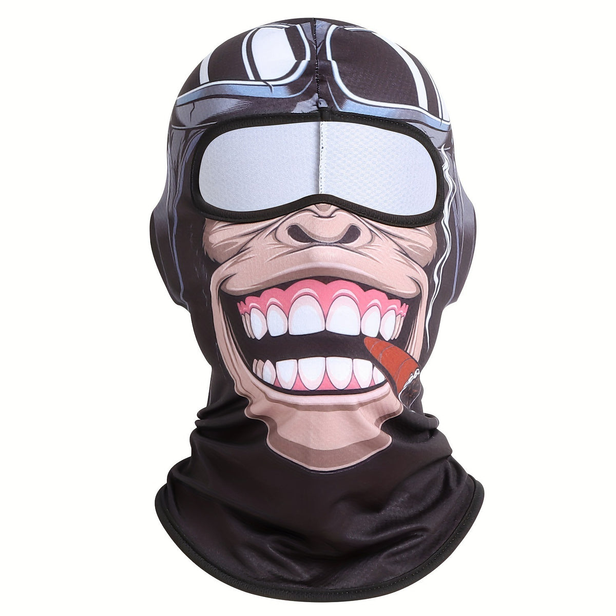 Pilot Monkey print full-face balaclava with goggles, a wide grin and a cigar, summer style, on white