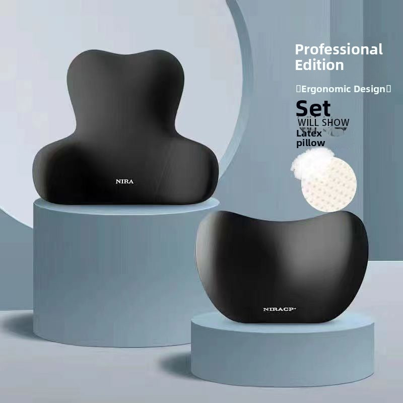 Black memory foam lumbar cushion and neck pillow set shown as a pair