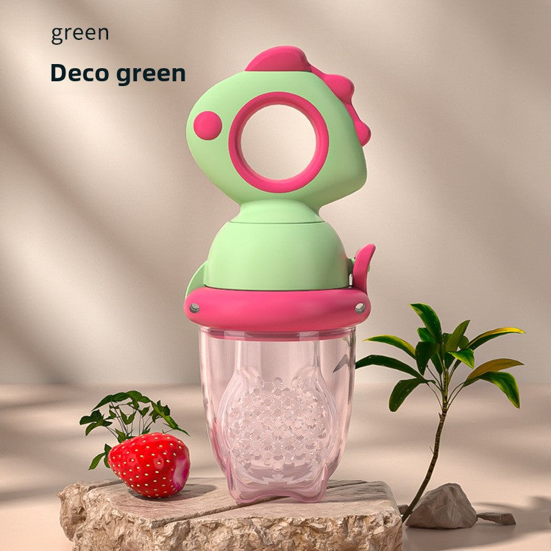 Top down view of the dinosaur infant fresh food feeder and its pouch