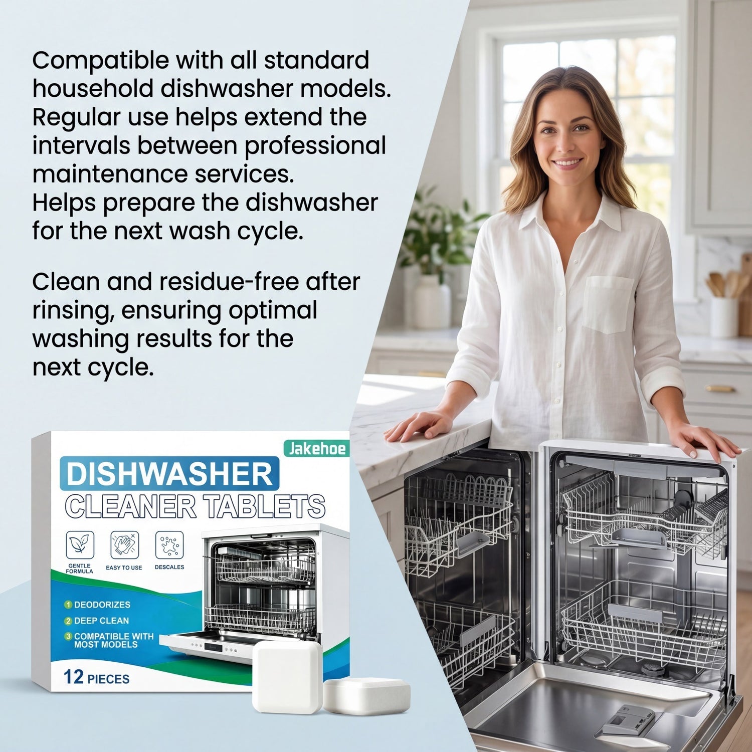 Box of twelve dishwasher cleaning tablets shown on a bright kitchen worktop