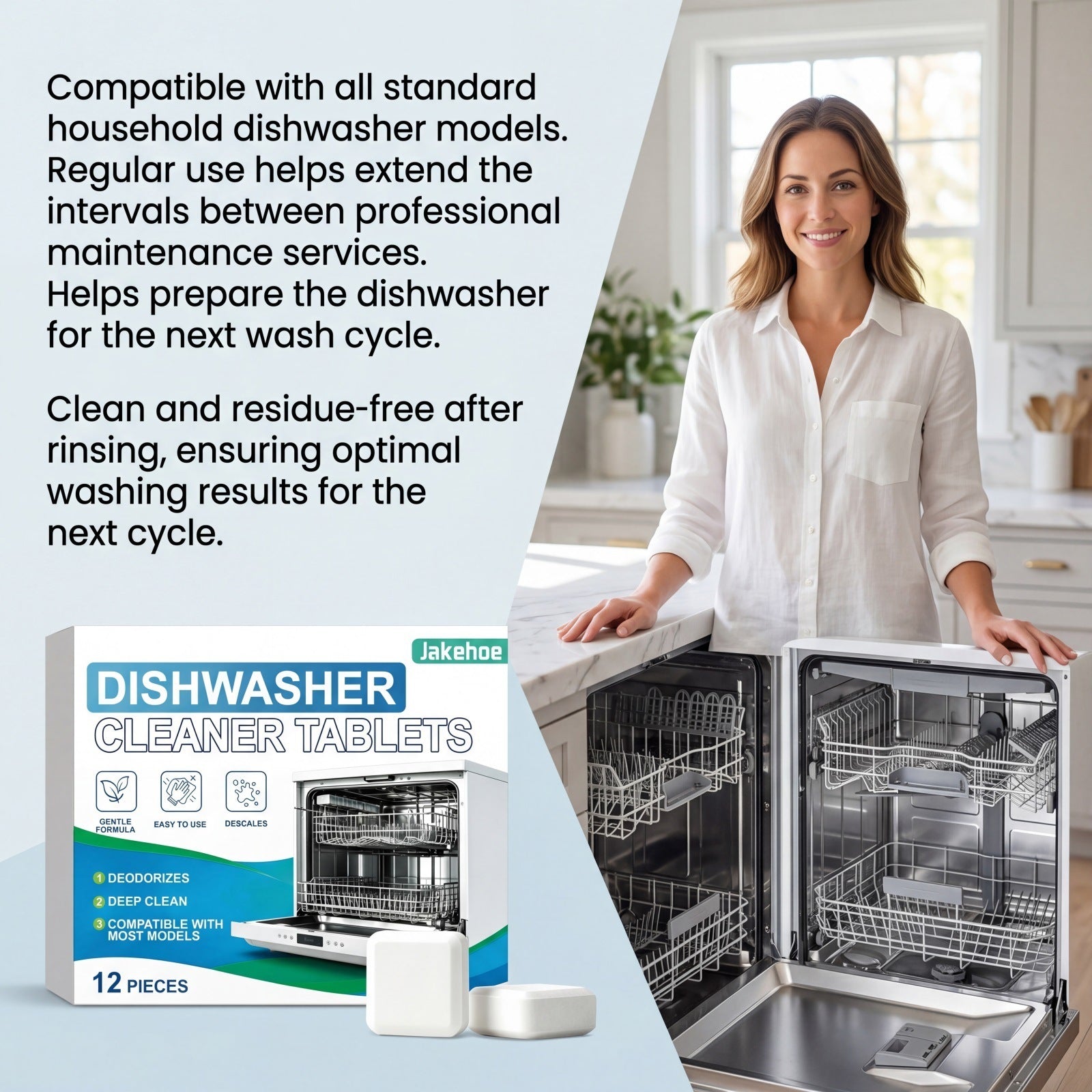 Box of twelve dishwasher cleaning tablets shown on a bright kitchen worktop