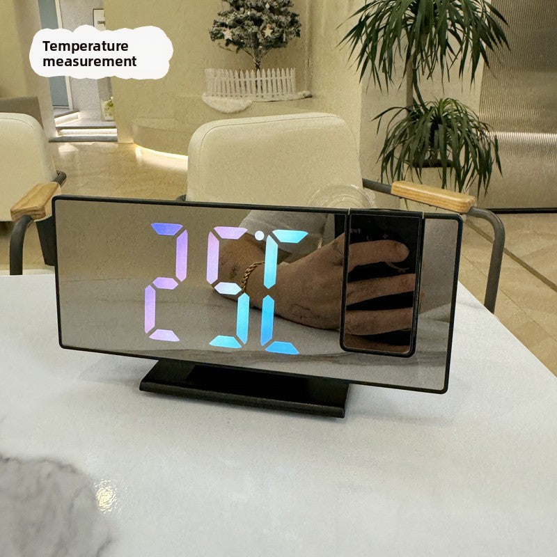 LED alarm clock mirror screen showing time, date and room temperature