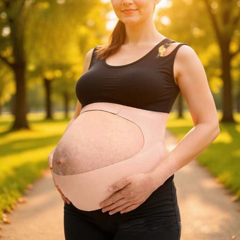 Side angle of the maternity belt wrapped under a pregnancy bump
