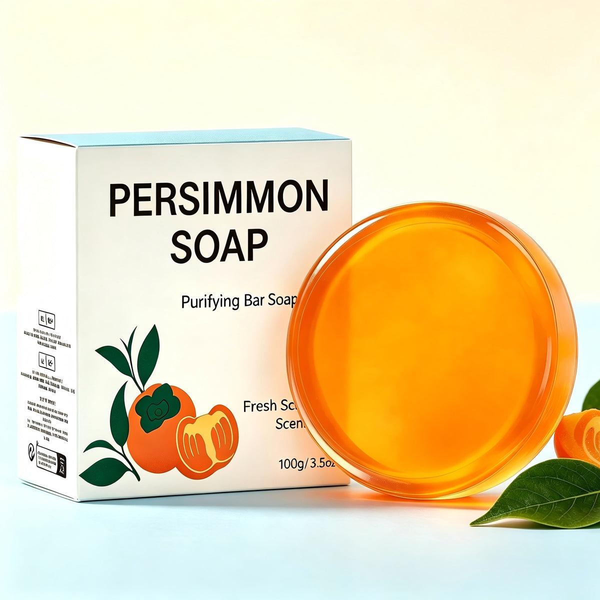 Amber persimmon soap bar in front of a Persimmon Soap box on a pale blue and white background with leaves