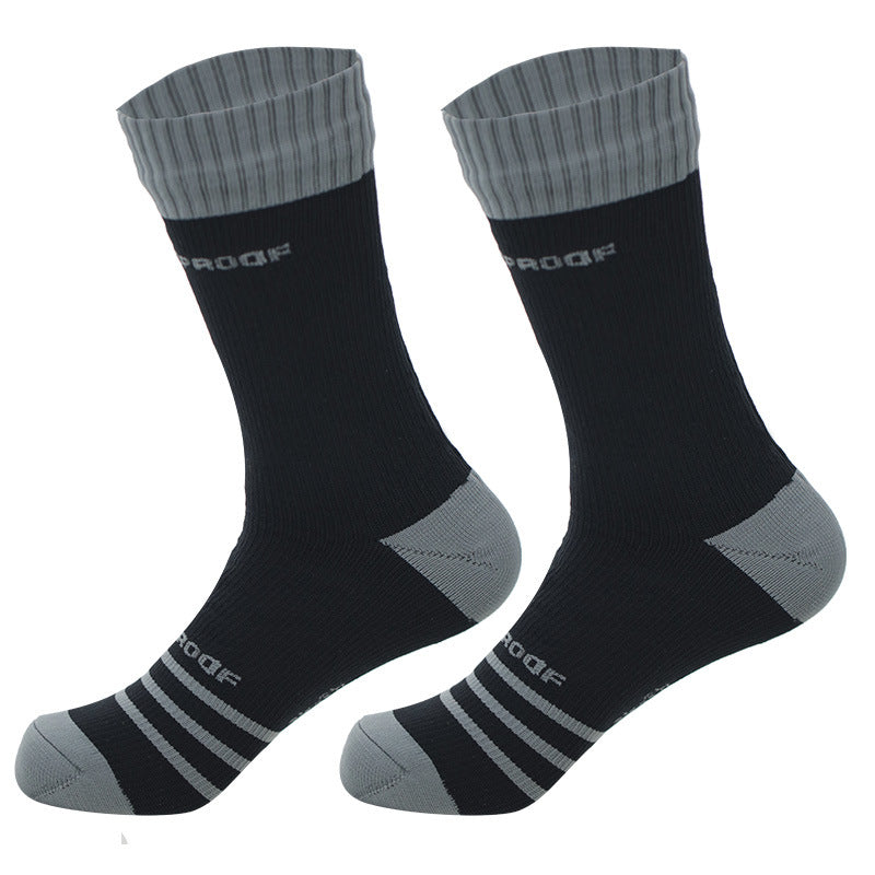 Waterproof black crew socks with a gray cuff, gray heel and gray stripes at the toe, size S 37-39