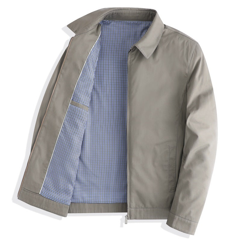 Dark khaki cotton zip jacket with a turn-down collar and blue gingham lining, size 180 XL option photo