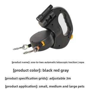 Black ABS dual retractable pet leash shown from the side with both snap hooks and the clip in torch