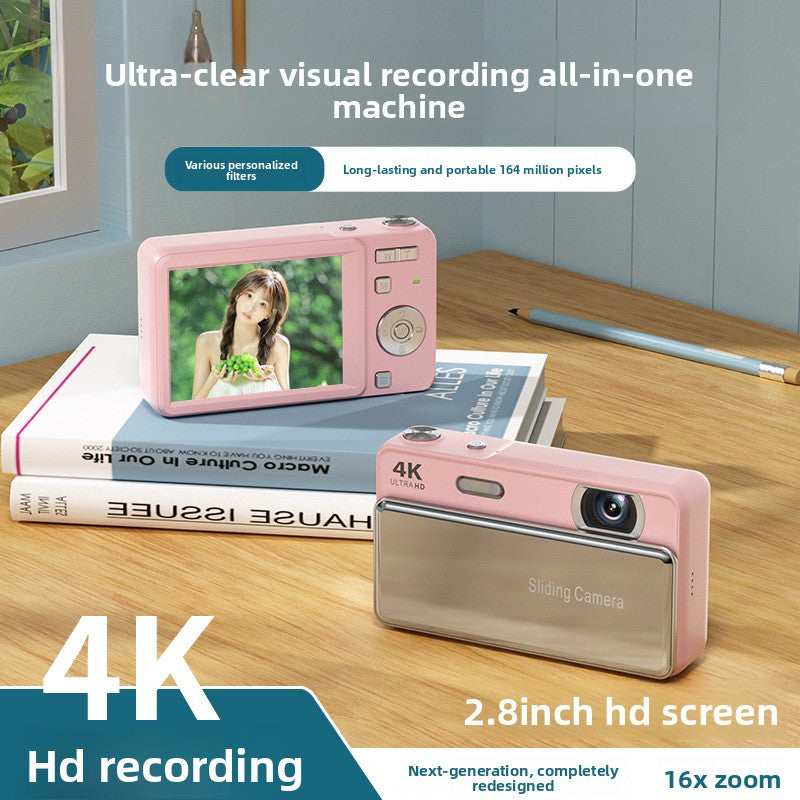 Digital camera with HD display shown with its packaging and included items