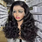 Natural black curly lace front wig on a mannequin in a warehouse aisle, front view