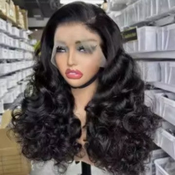Natural black curly lace front wig on a mannequin in a warehouse aisle, front view