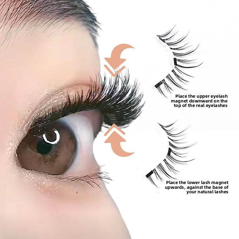 Magnetic eyelashes worn on the eye, band sitting flat against the natural lash line