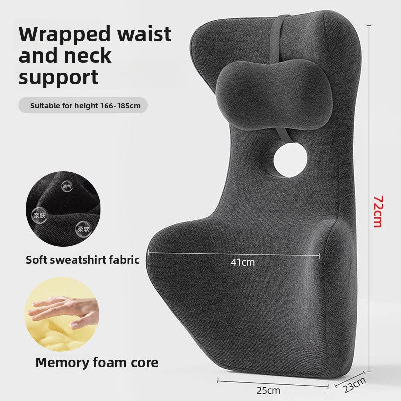 Grey memory foam back cushion in the 72 cm size with neck rest and dimensions
