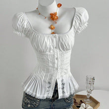 Womens Square Neck Puff Sleeve Lace Trim Peplum Blouse