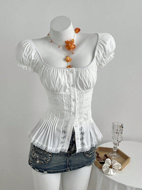Womens Square Neck Puff Sleeve Lace Trim Peplum Blouse