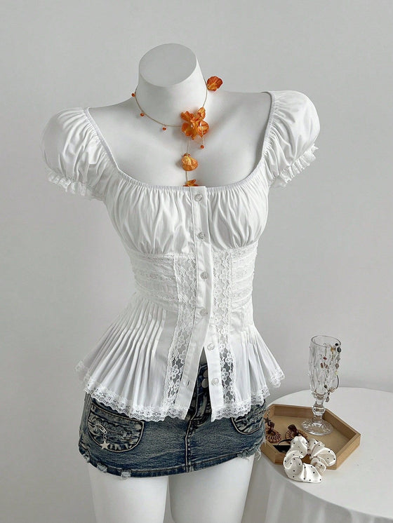 Womens Square Neck Puff Sleeve Lace Trim Peplum Blouse