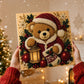 Hands holding a teddy bear in a Santa hat diamond painting with a lantern, Embroidery Hoop Bear option