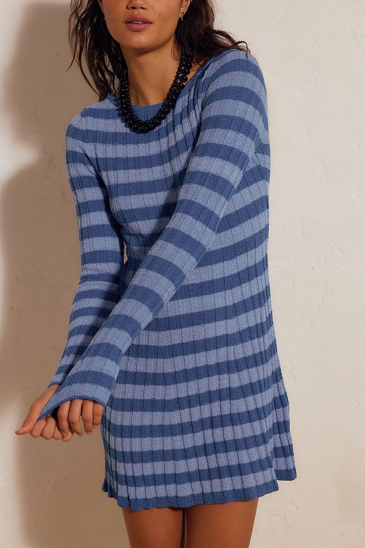 Tonal blue striped ribbed knit dress with long sleeves and round neck, size S option