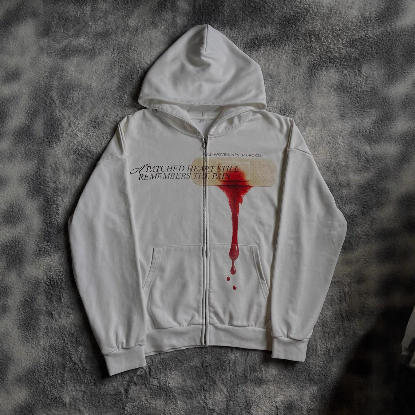 White gothic streetwear zip-up hoodie with hood and closed front zipper