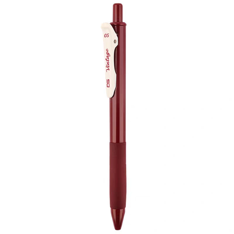 Burgundy retractable gel pen with a white Vintage clip and a grip band on a white background