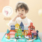 Large wooden building blocks set spread out in bright colors