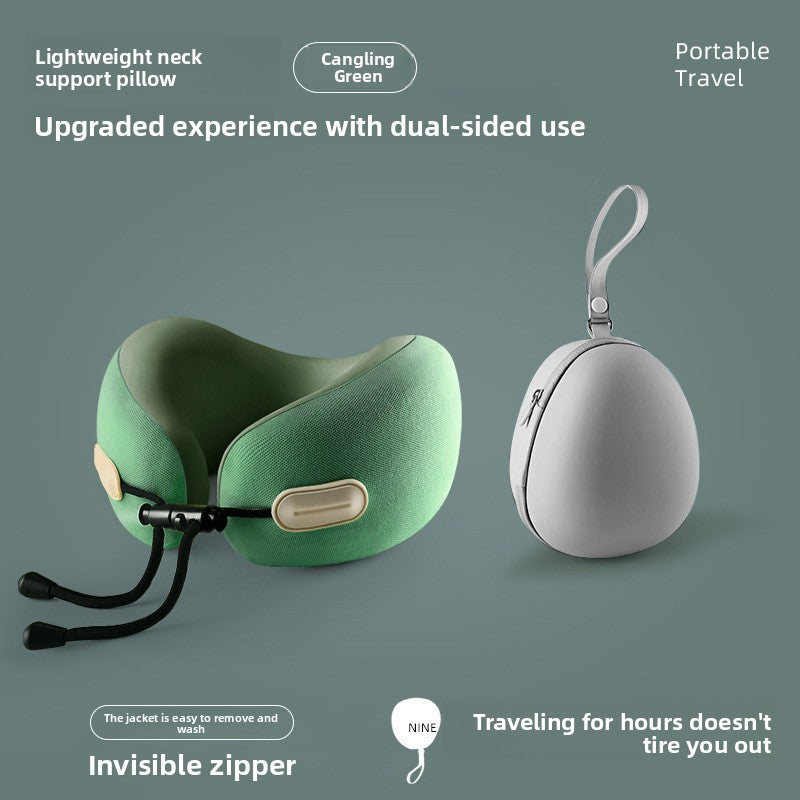 Green U-shaped travel neck pillow shown beside its grey zip up storage case