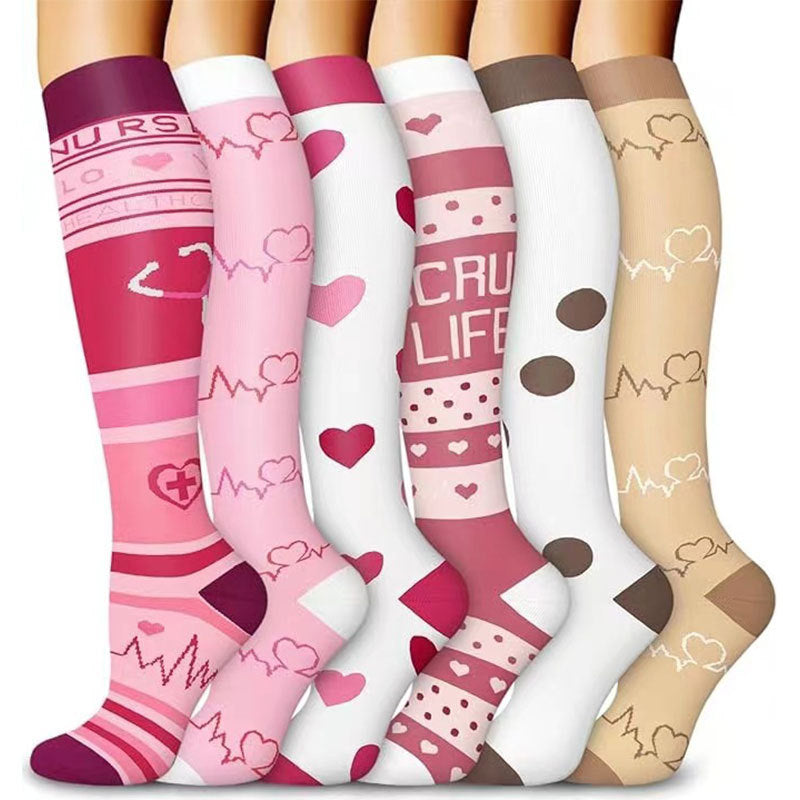 Knee-high sport compression socks in a bright mixed color and pattern set