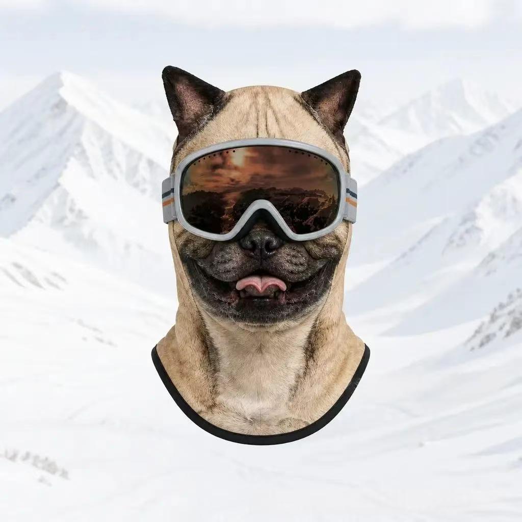 Tan pug print fleece balaclava with dark muzzle, Animal Winter Mask C option