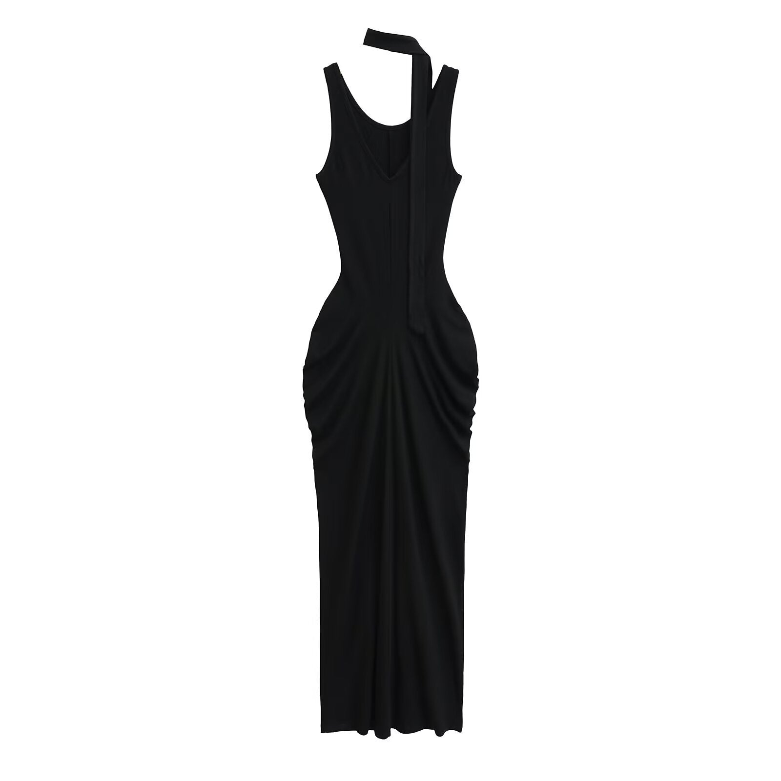 Flat lay of a fitted V-neck maxi dress with a long neck sash strap