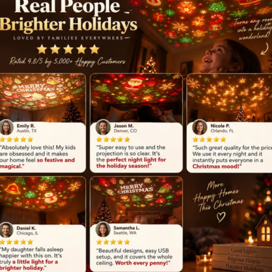 Panel with five quote cards and a star rating over festive patterns projected on a ceiling