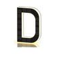 Black and gold solar LED house number sign, one character with a backlit warm outline, front view