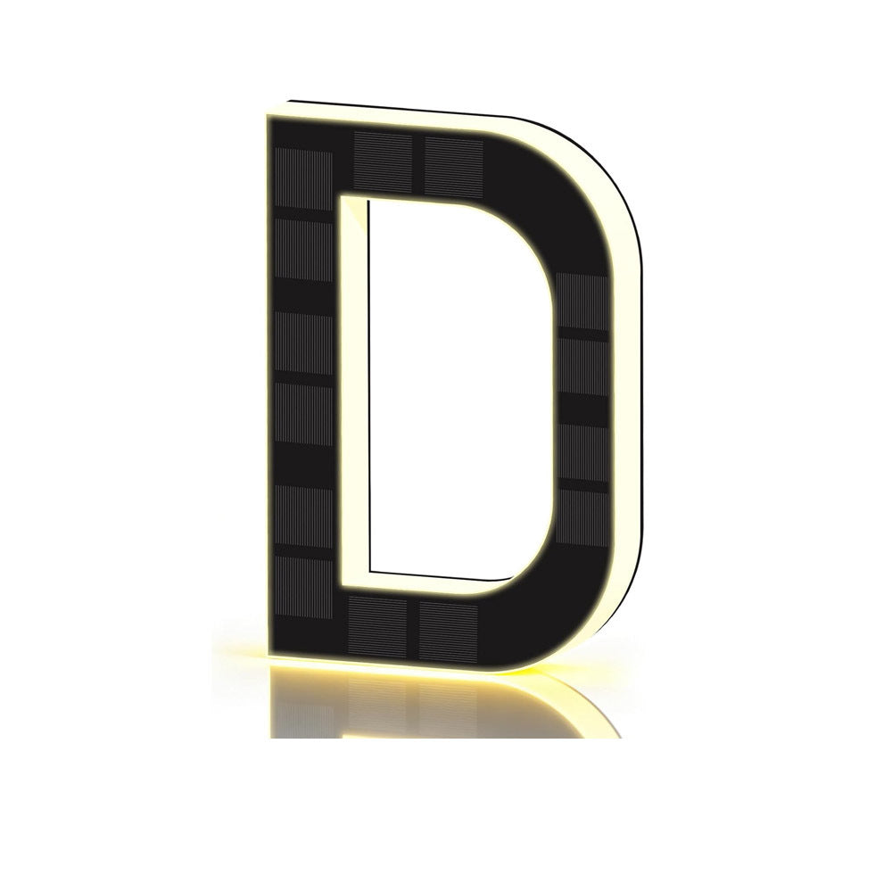 Black and gold solar LED house number sign, one character with a backlit warm outline, front view
