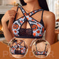 Model in the pumpkin print cross front bra, with back view thumbnails showing the straps and the lace panel