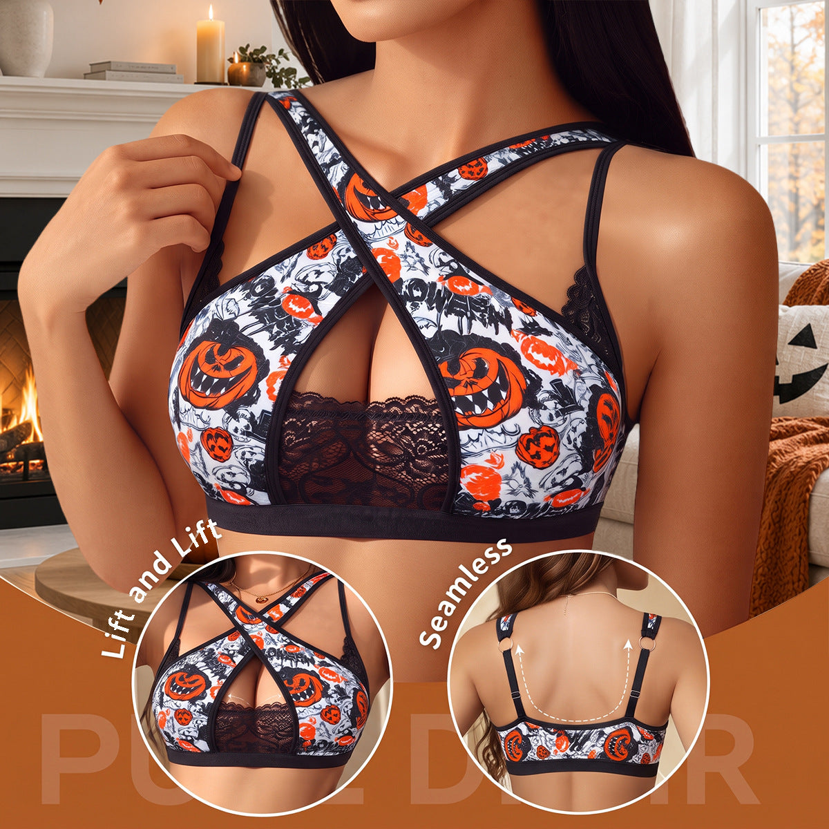 Model in the pumpkin print cross front bra, with back view thumbnails showing the straps and the lace panel