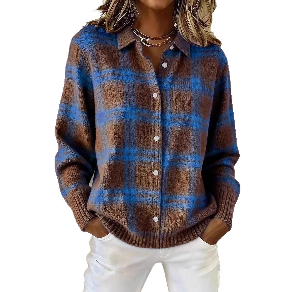 Brown and blue plaid knit button front cardigan with shirt collar on a woman against a plain white background